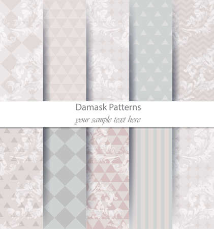 Damask patterns set collection Vector. Baroque ornament with modern abstract elements. Vintage decor. Trendy color fabric textureのイラスト素材