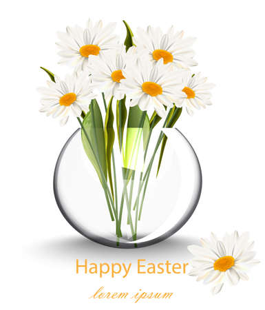 Happy Easter card with chamomile flowers bouquet Vector illustrationのイラスト素材