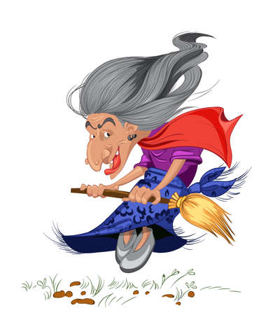 Old witch with a broom cartoon character Russian style vector illustration.のイラスト素材