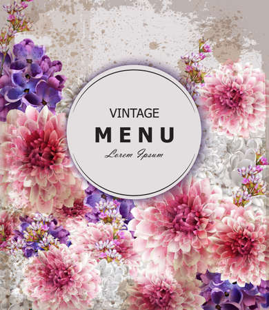 Vintage Greeting card with peony and lilac flowers watercolor. Wedding invitation, birthday template. Holiday and summer background. Vector illustrationsの写真素材