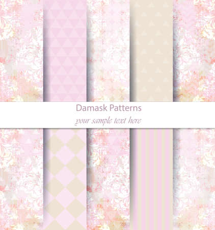 Damask patterns set collection Vector. Baroque ornament on modern abstract background. Vintage decor. Trendy color fabric texturesのイラスト素材