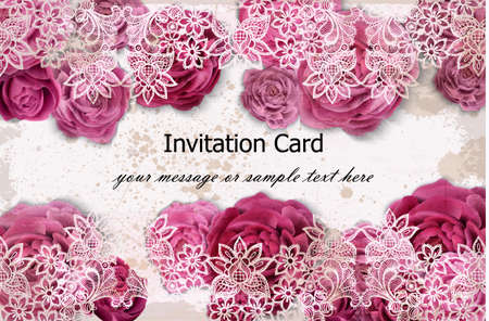 Invitation card with rose flowers and delicate lace decor.のイラスト素材