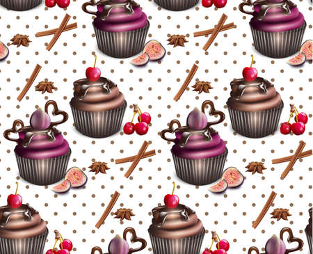 Chocolate cupcakes pattern Vector. Retro vintage backgroundのイラスト素材