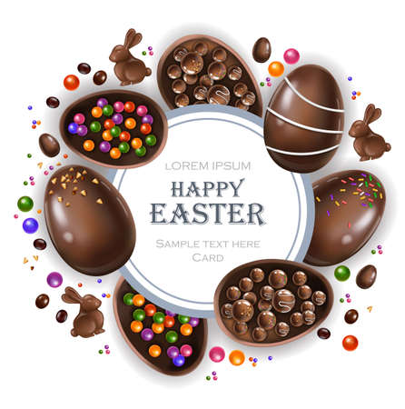 Happy Easter round card with chocolate bunny and eggs. Vector 3d realistic illustrationのイラスト素材