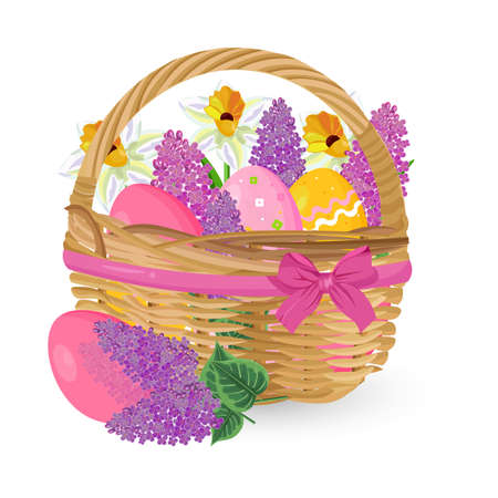 Lilac flowers and eggs in a basket Vector. Easter holiday elementのイラスト素材