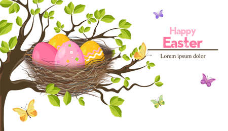 Easter holiday card with Eggs nest Vector. Spring theme