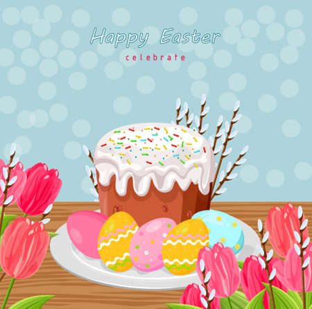 Easter holiday card with eggs and sweet bread Vectorのイラスト素材