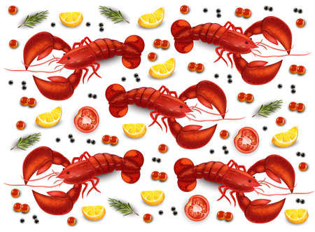 Lobster and caviar pattern Vector. Realistic seafood detailed 3d illustrationsのイラスト素材