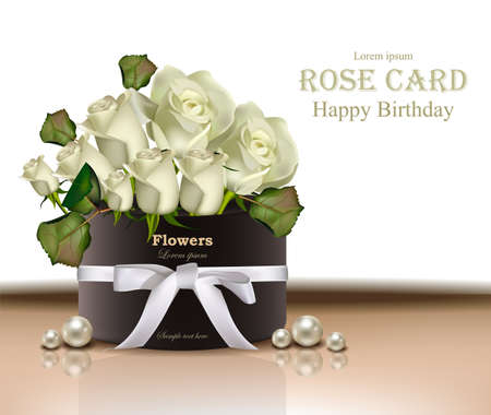 White roses flowers bouquet card Vector realistic. Beautiful floral backgroundsのイラスト素材
