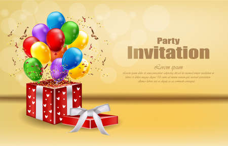 Party invitation card with gifts and balloons Vector. celebrate events banner postersのイラスト素材
