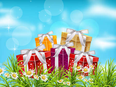 Colorful Gift boxes on blue sky background. Vector realistic 3d illustrationのイラスト素材