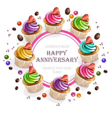Happy Anniversary Cupcakes card Vector realistic. Round banner frame 3d illustrationsのイラスト素材