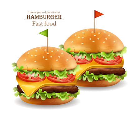 Hamburgers Vector realistic. Cheese and tomatoes. 3d Detailed illustrationsのイラスト素材