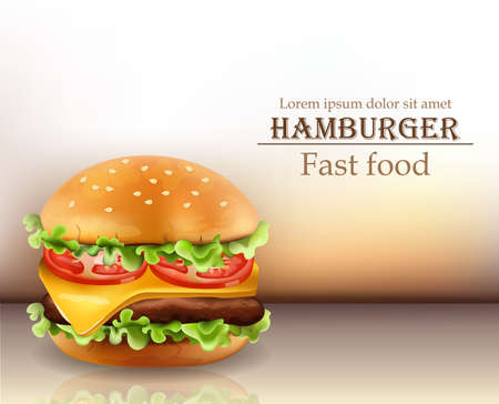 Hamburger Vector realistic. Cheese and tomatoes. 3d Detailed illustrationsのイラスト素材