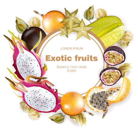 Exotic fruits round frame Vector realistic. Dragon fruit, granadilla, passion fruits, starfruit, physalis fruitsのイラスト素材