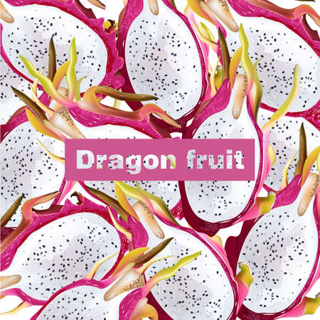 Dragon fruit pattern Vector realistic. Summer tropic pitaya healthy fruits backgroundsのイラスト素材