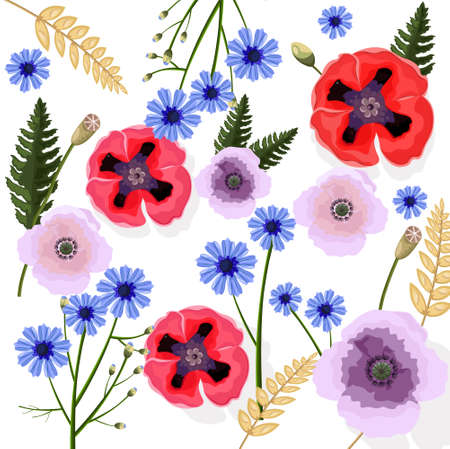 Poppy flowers pattern Vector. Floral background decorsのイラスト素材