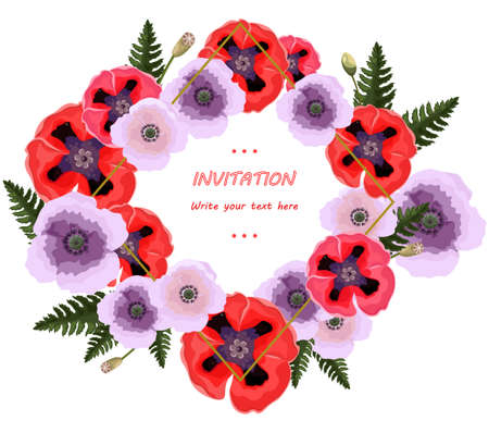 Poppy flowers wreath Vector. Floral background decorsのイラスト素材