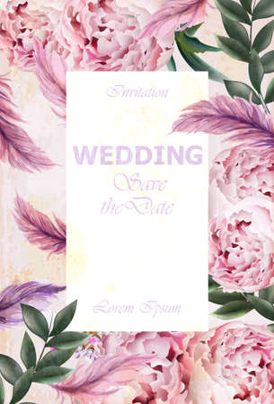 Wedding Invitation peonies bouquet Vector. Vintage floral decor violet colorsのイラスト素材