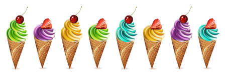 Ice cream set Vector. Colorful different flavors dessert banner illustrationのイラスト素材