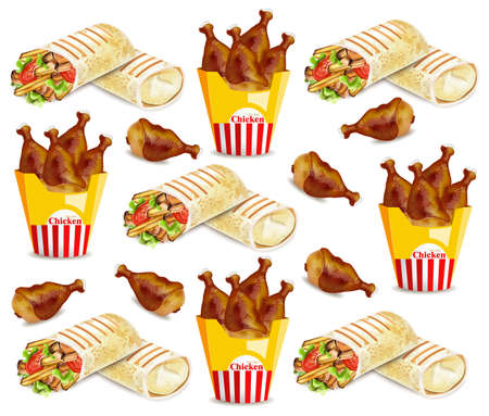 Chicken wings and shawarma Vector pattern. Fast food backgroundsのイラスト素材