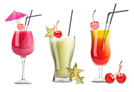 Tropic fruits cocktail glasses set collection Vector realistic. Cherry, carambola and berry fresh drinks 3d illustrationのイラスト素材