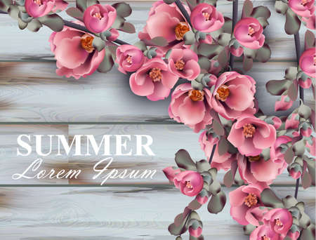 Summer background with pink flowers branches on wooden background. Vector realistic 3d floral bouquetのイラスト素材