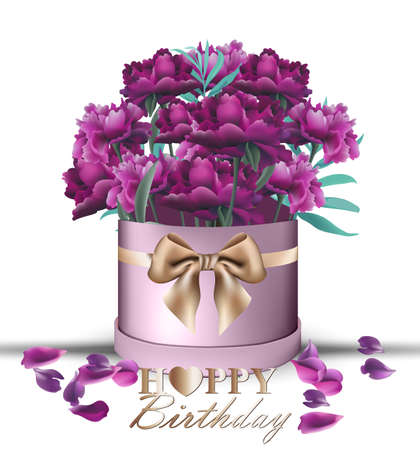 Happy Birthday Peony flowers bouquet card Vector. Vintage gift box. Beautiful floral decor. ultra violet colorのイラスト素材