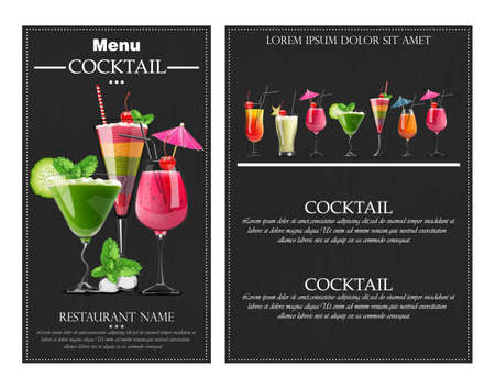 Cocktail drinks Vector realistic banner flyer layout. Night party template with summer drinks collection. 3d illustrationsのイラスト素材