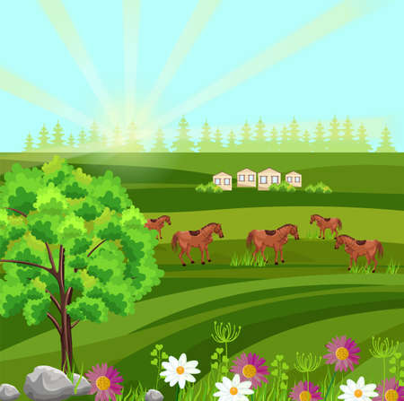 Horses on a green field Vector. Farm ville sunny summer day backgroundsのイラスト素材