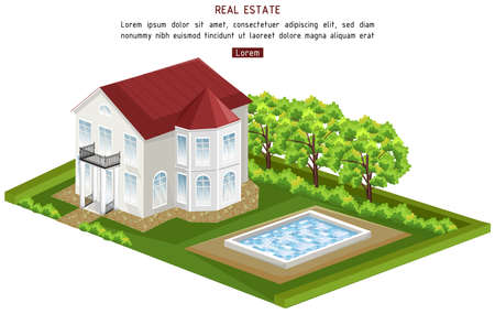 Real estate house with pool isolated Vector. architecture 3d illustrationsのイラスト素材