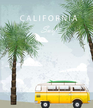 California Summer Travel card with camping car Vector. Camping trailer on palm trees backgroundsのイラスト素材