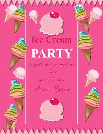 Ice cream pink party invitation card Vector. Summer birthday card or event postersのイラスト素材