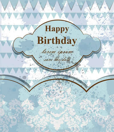 Happy birthday baby card Vector. delicate lace and clouds theme. blue colorsのイラスト素材