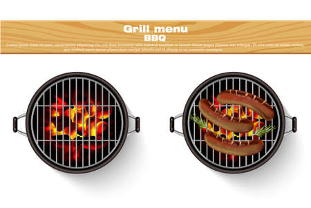Grill bbq isolated Vector. Realistic hot fire bbq grilled sausagesのイラスト素材