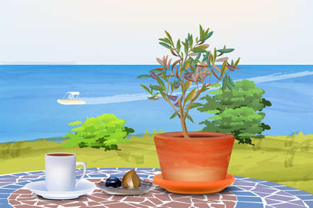 Coffee and olive tree at summer sea background Vectorのイラスト素材