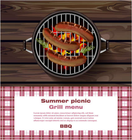 BBQ grill on wooden background. Hot sausages Summer picnic template Vectorのイラスト素材