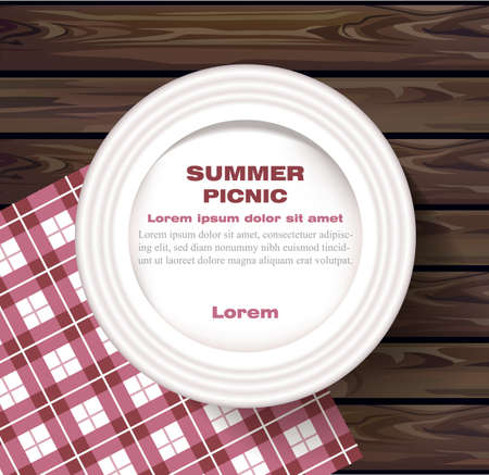 White plate on wooden table Summer picnic concept Vectorのイラスト素材