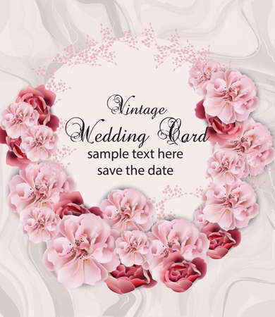 Wedding invitation with floral garland over marble texture Vector. Vintage Beautiful floral design delicate stone pattern. Trendy pink pastelate colorsのイラスト素材