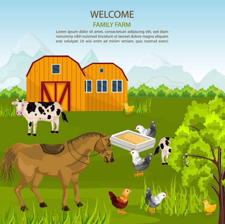 Big Family farm Vector. Cows, horse, chicken on green summer backgroundのイラスト素材
