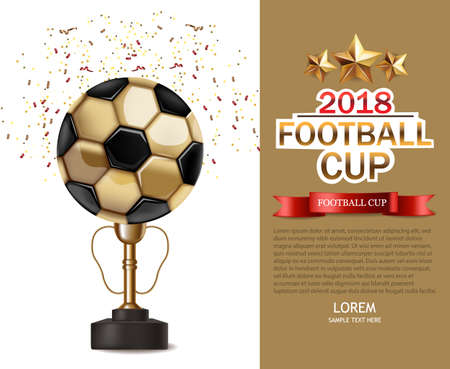 Golden cup and soccer ball Vector realistic. Football finals Competition. Mock up design 3d Flyer template golden backgroundsのイラスト素材