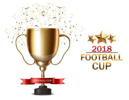 Golden cup Vector realistic. Football finals Competition. Mock up design 3d Flyer template golden backgroundsのイラスト素材
