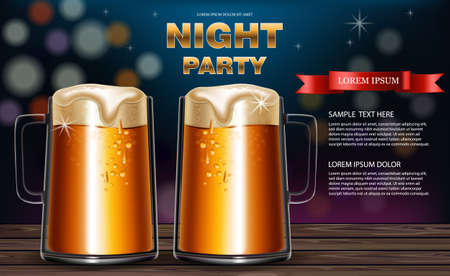 Beer mugs Vector realistic. Party flyer with drinks 3d mock up illustrationsのイラスト素材