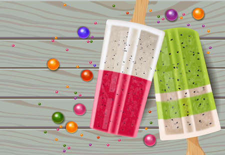 Tropic ice cream with kiwi and dragon fruit flavors. Vector realistic dessert top view. wooden texture background. Menu template banner posterのイラスト素材