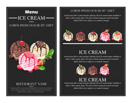 Ice cream scoops Vector. Chocolate, vanilla and strawberry flavor. Banner poster layout dessertのイラスト素材
