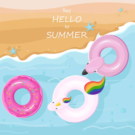 Floating toys at the beach top view Vector. Summer card background. Tropic season templateのイラスト素材