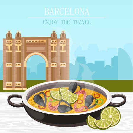 Paella national spanish dish Vector. Barcelona architecture on backgroundのイラスト素材