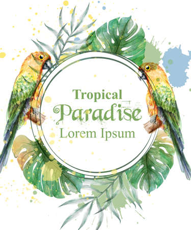 Tropical paradise frame with parrots and palm leaves watercolor Vector illustrationのイラスト素材