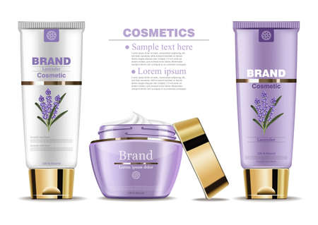 Lavender cream cosmetic set Vector mock up. Realistic product packaging label designs. Lotion, facecream and handcream isolatedのイラスト素材