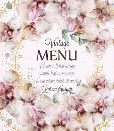 Orchid flowers wedding card watercolor Vector. Beautiful floral decor backgroundsのイラスト素材